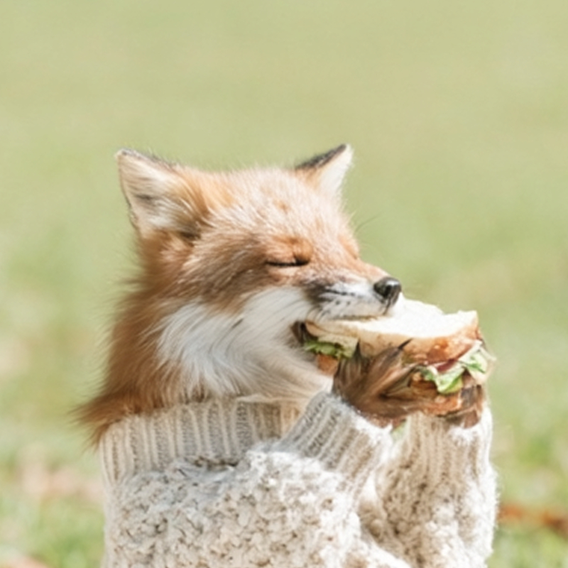 サンドイッチを食べる狐のフリー素材画像